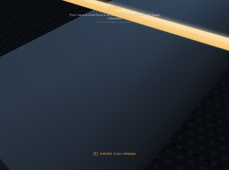 A pilot's stasis pod moments before cryo-release, lit by a single amber warning beam, from the Origin Prime tutorial sequence.